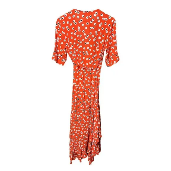 Ganni Crepe Floral Print Midi Wrap Dress in Coral Red Size 8