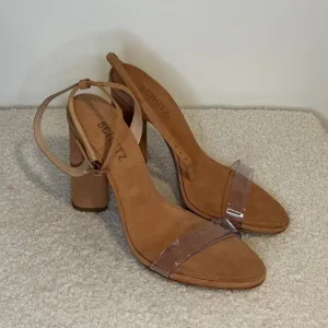 Geisy Suede Illusion Ankle Strap Block Heel Sandals