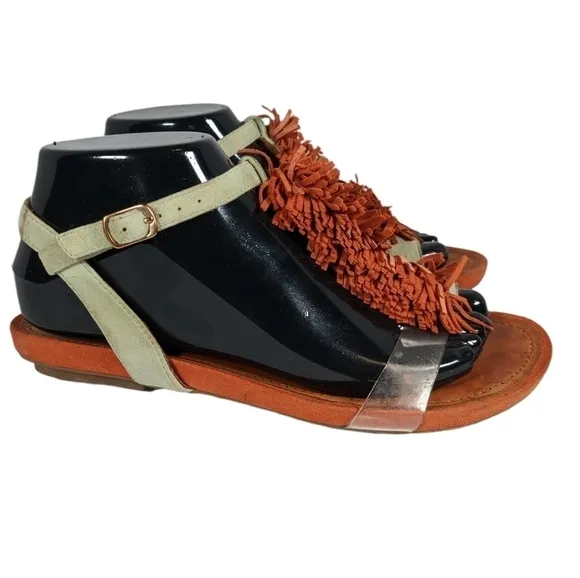 Gentle Souls Bless Summer T-Strap Fringed Sandals Sz 7