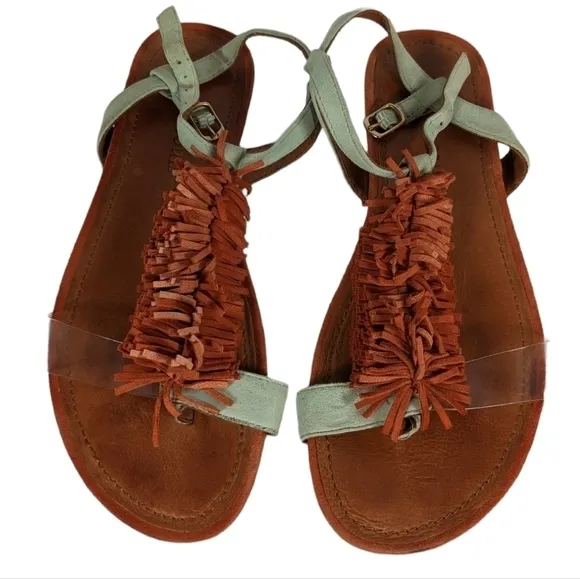 Gentle Souls Bless Summer T-Strap Fringed Sandals Sz 7