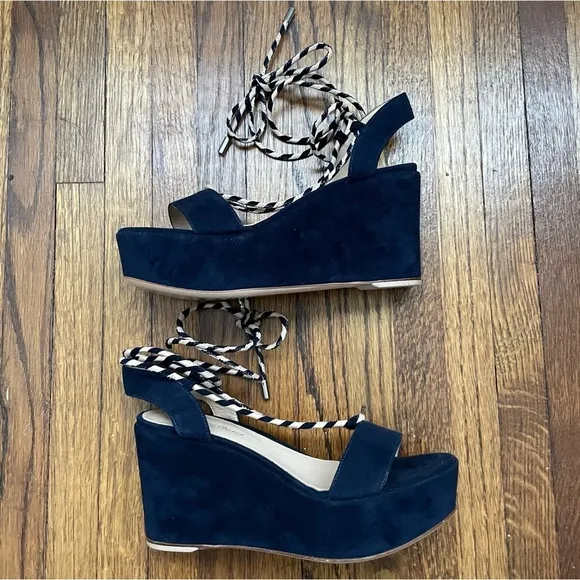 Gianvito Rossi Navy Suede Platform Wedge Wrap Sandals