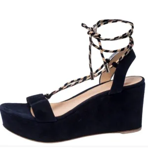 Gianvito Rossi Navy Suede Platform Wedge Wrap Sandals