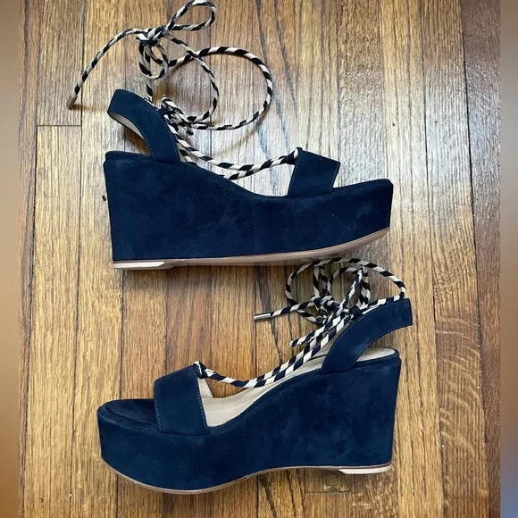 Gianvito Rossi Navy Suede Platform Wedge Wrap Sandals