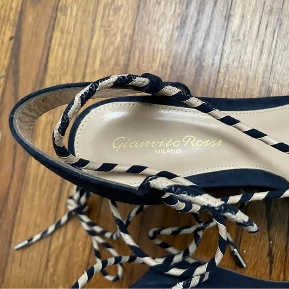 Gianvito Rossi Navy Suede Platform Wedge Wrap Sandals