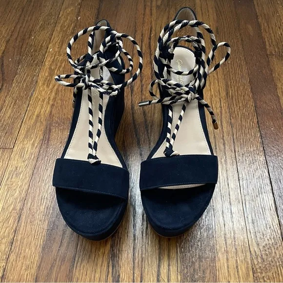 Gianvito Rossi Navy Suede Platform Wedge Wrap Sandals