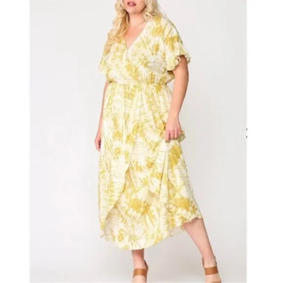 Gigio | Sunburst Golden Tie Dye Peek A Boo Slit Surplice Maxi Dress New 1X Plus