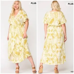 Gigio | Sunburst Golden Tie Dye Peek A Boo Slit Surplice Maxi Dress New 1X Plus
