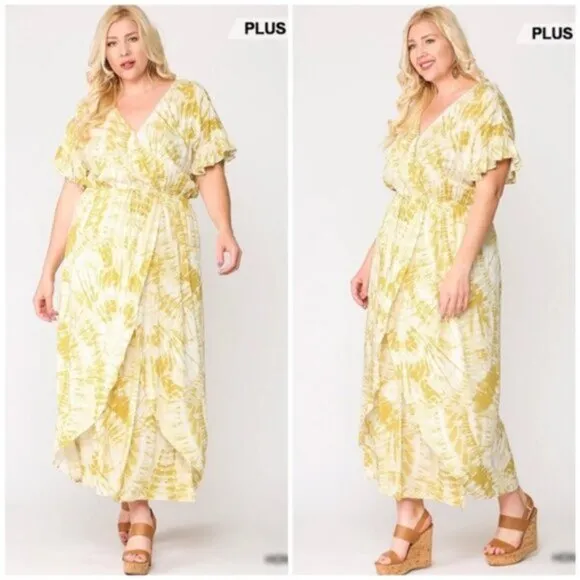 Gigio | Sunburst Golden Tie Dye Peek A Boo Slit Surplice Maxi Dress New 1X Plus