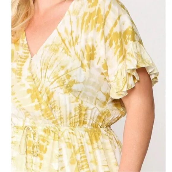 Gigio | Sunburst Golden Tie Dye Peek A Boo Slit Surplice Maxi Dress New 1X Plus