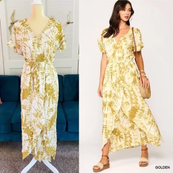 Gigio | Sunburst Golden Tie Dye Peek A Boo Slit Surplice Maxi Dress New XL Plus