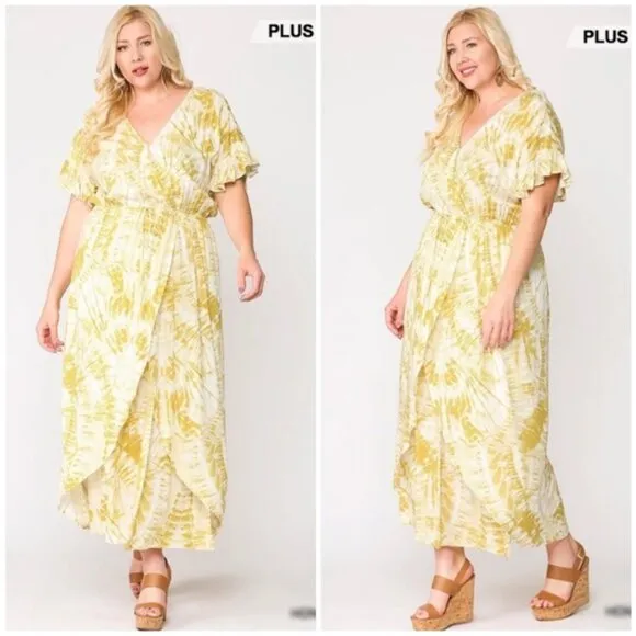 Gigio | Sunburst Golden Tie Dye Peek A Boo Slit Surplice Maxi Dress New XL Plus