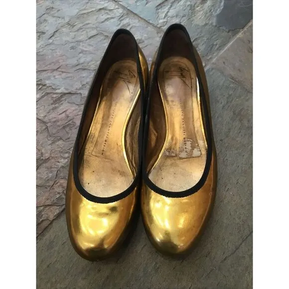 GIUSEPPE ZANOTTI SHOES BALLET FLATS GOLD LEATHER IT 38.5 US 8.5 Black Trim
