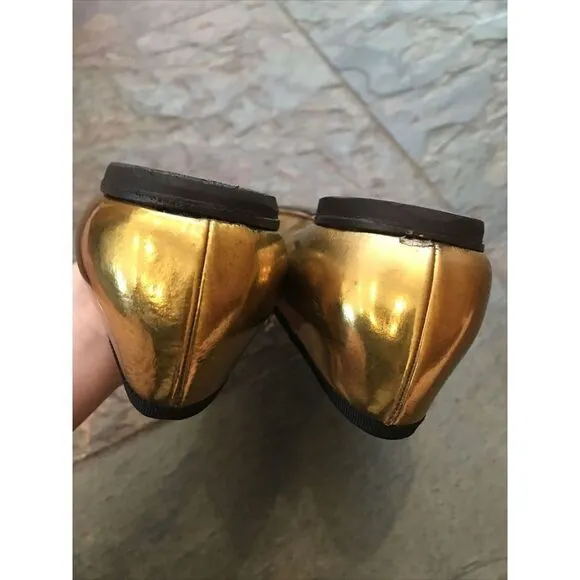 GIUSEPPE ZANOTTI SHOES BALLET FLATS GOLD LEATHER IT 38.5 US 8.5 Black Trim