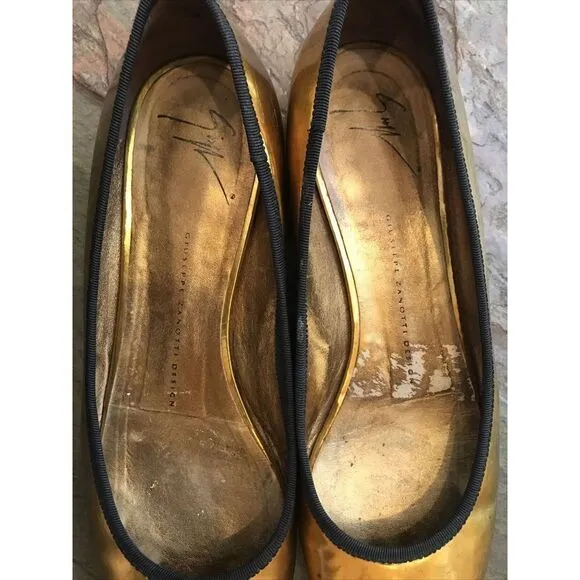 GIUSEPPE ZANOTTI SHOES BALLET FLATS GOLD LEATHER IT 38.5 US 8.5 Black Trim