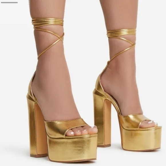 GOLDEN platform sandals heels ankles straps wrap.
