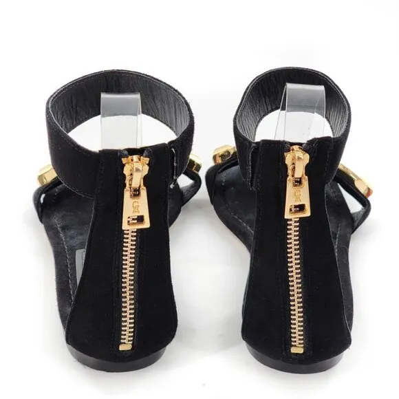 GOOD AMERICAN Ankle Strap Suede Sandals Black Zip Gold Chain Link