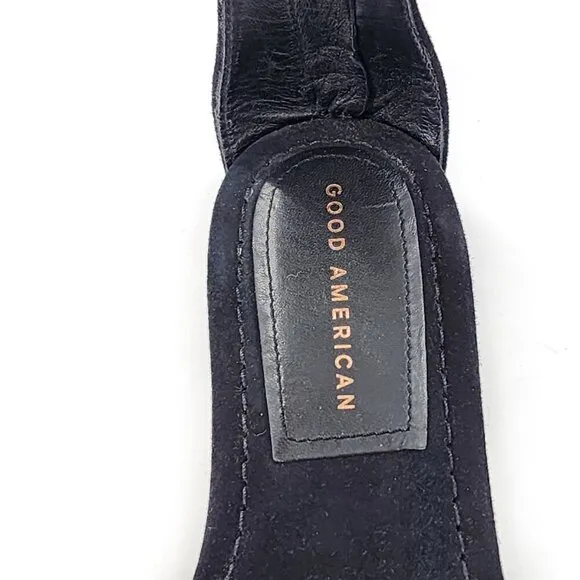 GOOD AMERICAN Ankle Strap Suede Sandals Black Zip Gold Chain Link