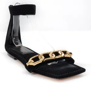 GOOD AMERICAN Ankle Strap Suede Sandals Black Zip Gold Chain Link