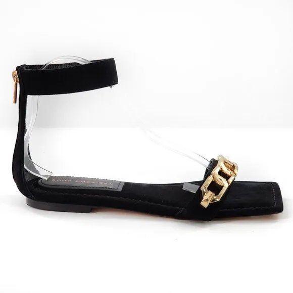 GOOD AMERICAN Ankle Strap Suede Sandals Black Zip Gold Chain Link