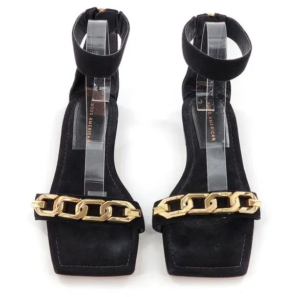 GOOD AMERICAN Ankle Strap Suede Sandals Black Zip Gold Chain Link