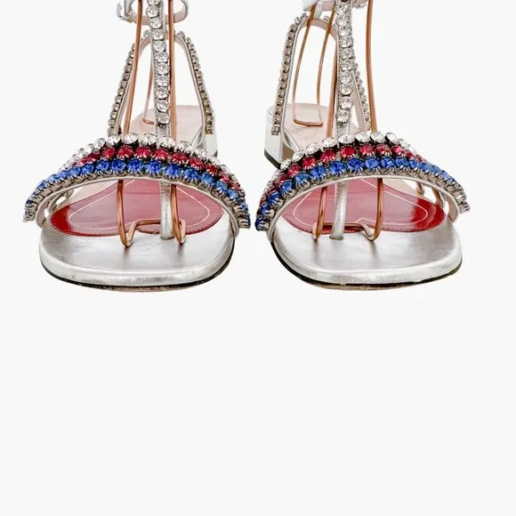 Gucci Bertie Crystal T-Strap Flat Sandals EU 37.5 US 7.5 Silver Red White Blue