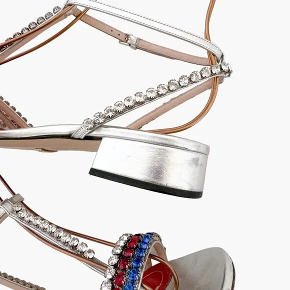 Gucci Bertie Crystal T-Strap Flat Sandals EU 37.5 US 7.5 Silver Red White Blue
