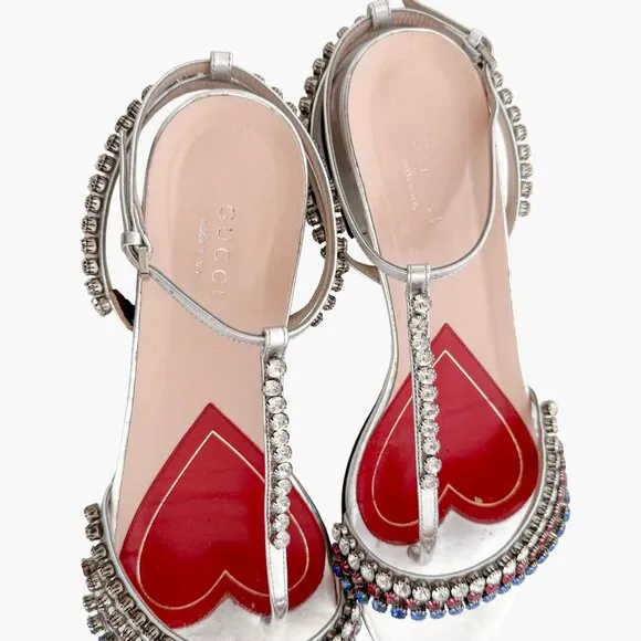 Gucci Bertie Crystal T-Strap Flat Sandals EU 37.5 US 7.5 Silver Red White Blue