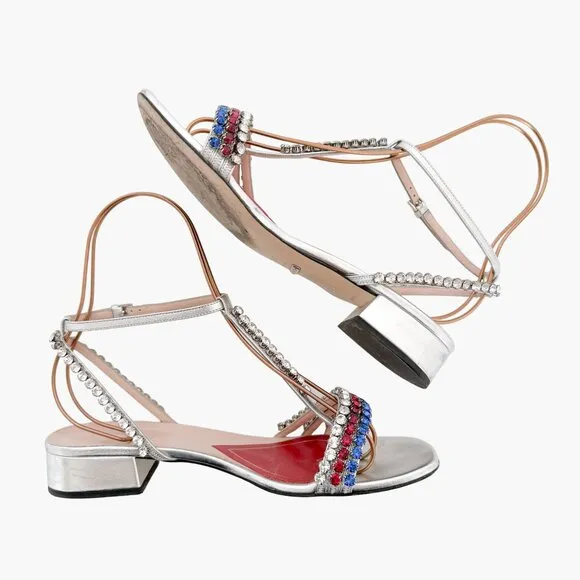 Gucci Bertie Crystal T-Strap Flat Sandals EU 37.5 US 7.5 Silver Red White Blue