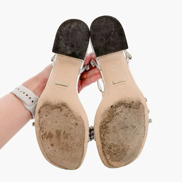 Gucci Bertie Crystal T-Strap Flat Sandals EU 37.5 US 7.5 Silver Red White Blue