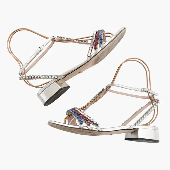 Gucci Bertie Crystal T-Strap Flat Sandals EU 37.5 US 7.5 Silver Red White Blue