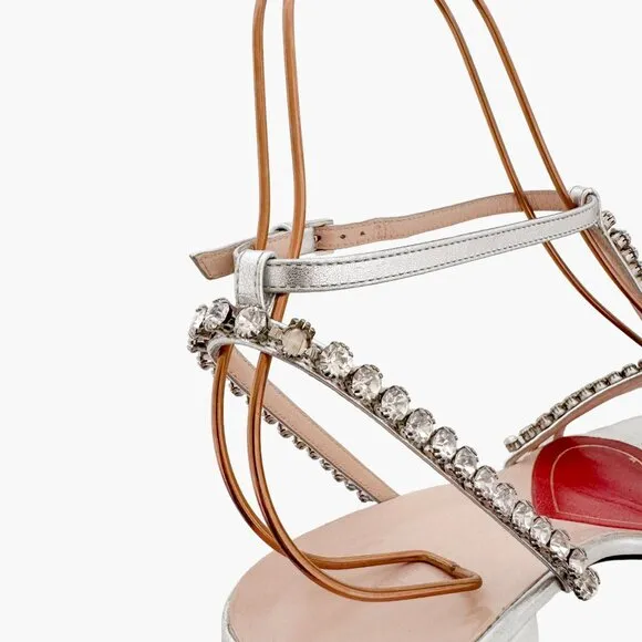 Gucci Bertie Crystal T-Strap Flat Sandals EU 37.5 US 7.5 Silver Red White Blue