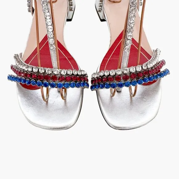 Gucci Bertie Crystal T-Strap Flat Sandals EU 37.5 US 7.5 Silver Red White Blue