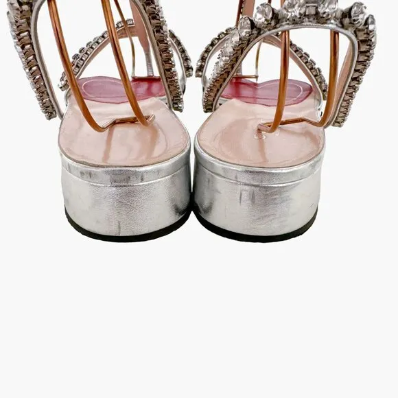 Gucci Bertie Crystal T-Strap Flat Sandals EU 37.5 US 7.5 Silver Red White Blue