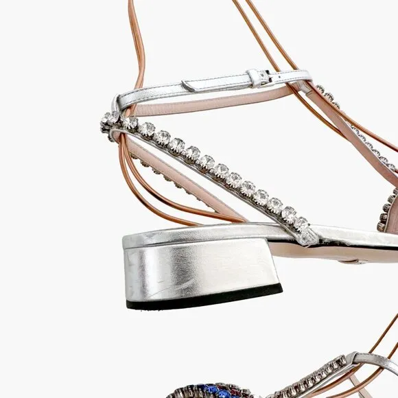 Gucci Bertie Crystal T-Strap Flat Sandals EU 37.5 US 7.5 Silver Red White Blue