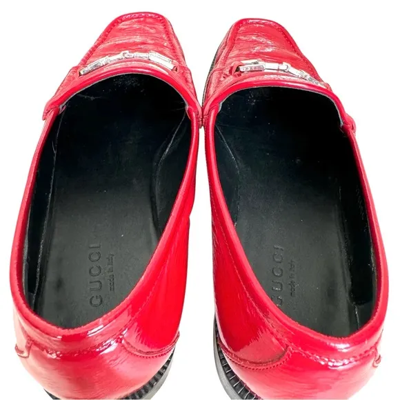 GUCCI Horsebit Loafers Red Patent Leather Flat Shoes Made in Italy Womens