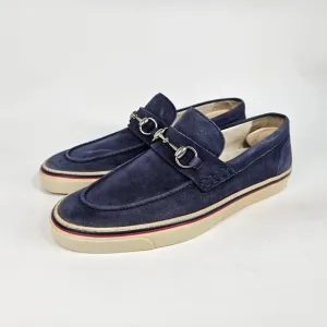 Gucci Loafers Blue Suede Shoes Mens 9.5 Metal Horsebit Casual Slip On Striped