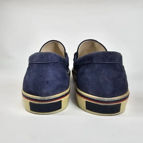 Gucci Loafers Blue Suede Shoes Mens 9.5 Metal Horsebit Casual Slip On Striped