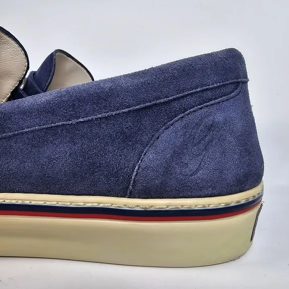 Gucci Loafers Blue Suede Shoes Mens 9.5 Metal Horsebit Casual Slip On Striped