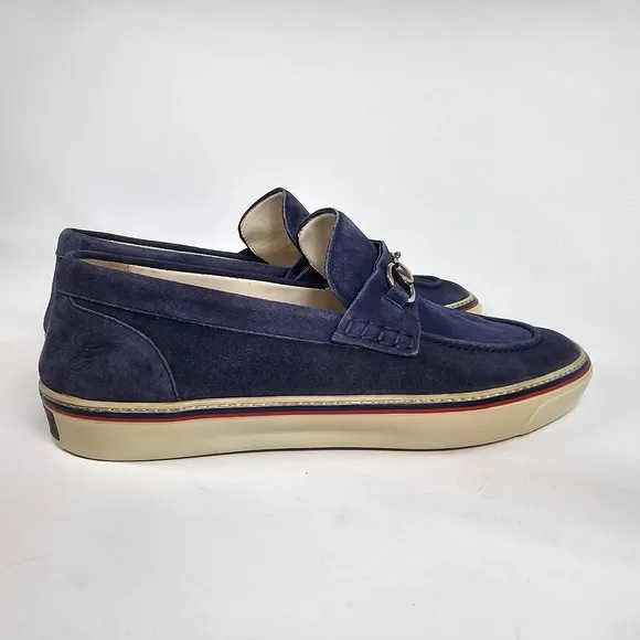 Gucci Loafers Blue Suede Shoes Mens 9.5 Metal Horsebit Casual Slip On Striped
