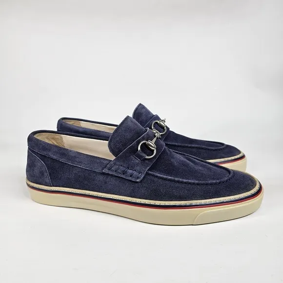 Gucci Loafers Blue Suede Shoes Mens 9.5 Metal Horsebit Casual Slip On Striped