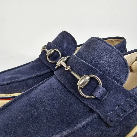 Gucci Loafers Blue Suede Shoes Mens 9.5 Metal Horsebit Casual Slip On Striped