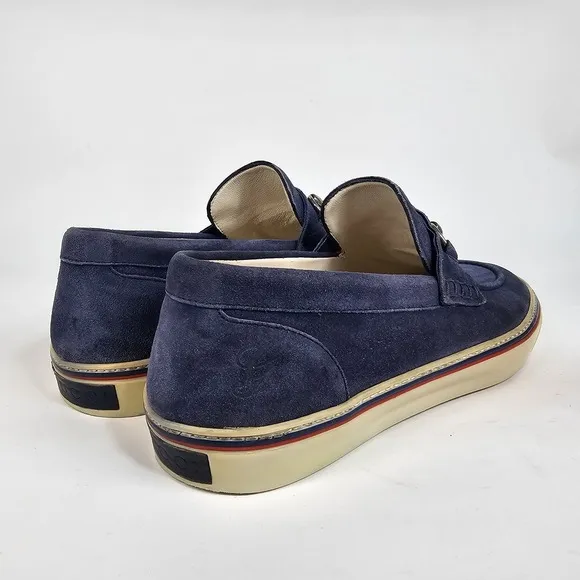Gucci Loafers Blue Suede Shoes Mens 9.5 Metal Horsebit Casual Slip On Striped