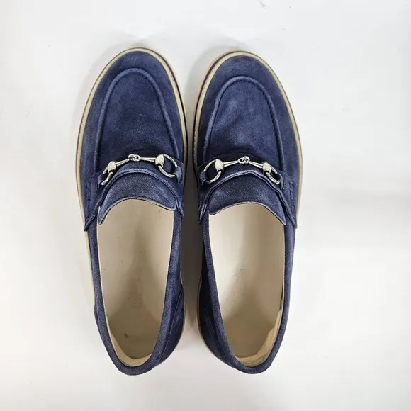 Gucci Loafers Blue Suede Shoes Mens 9.5 Metal Horsebit Casual Slip On Striped