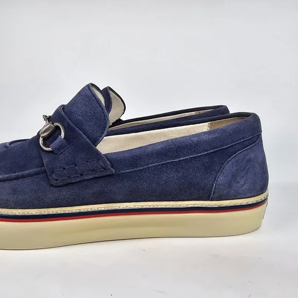 Gucci Loafers Blue Suede Shoes Mens 9.5 Metal Horsebit Casual Slip On Striped