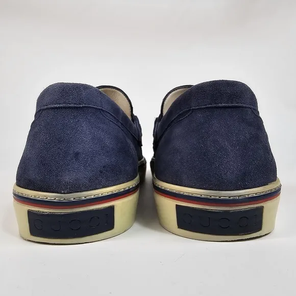 Gucci Loafers Blue Suede Shoes Mens 9.5 Metal Horsebit Casual Slip On Striped