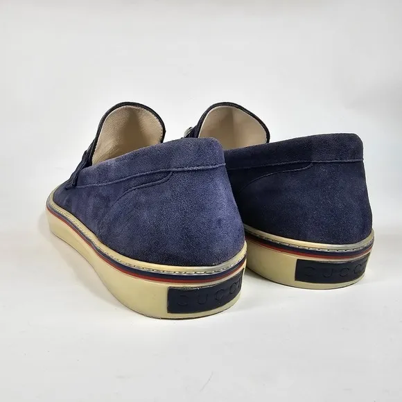 Gucci Loafers Blue Suede Shoes Mens 9.5 Metal Horsebit Casual Slip On Striped