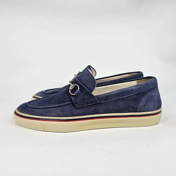Gucci Loafers Blue Suede Shoes Mens 9.5 Metal Horsebit Casual Slip On Striped