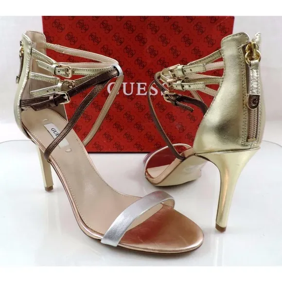 Guess Laella Ankle Strap Dress Sandals Heels Silver Multi Size 9.5