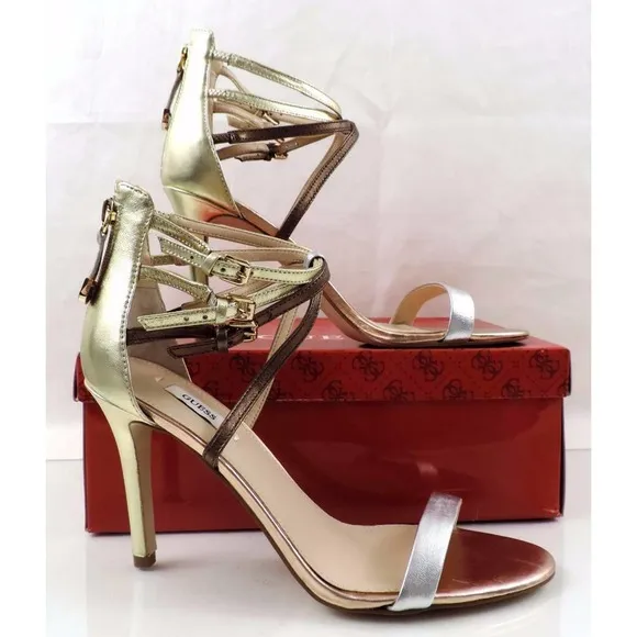 Guess Laella Ankle Strap Dress Sandals Heels Silver Multi Size 9.5