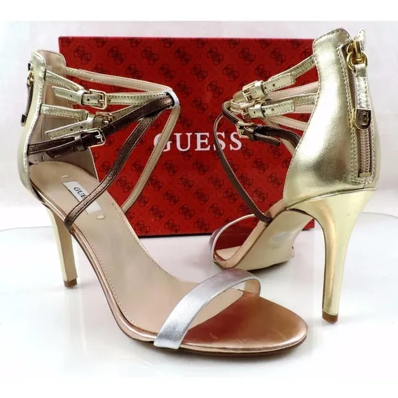 Guess Laella Ankle Strap Dress Sandals Heels Silver Multi Size 9.5